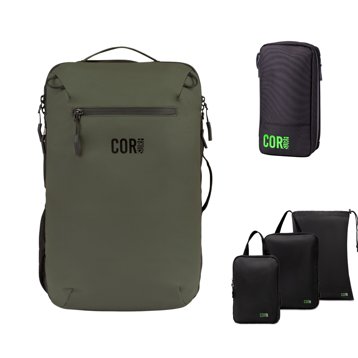Carry On Travel Bundle Toiletry Bag Compression Packing Cubes 28L Green 2Nd Generation