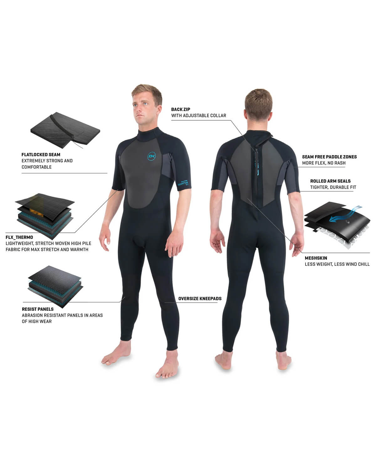 Dakine 2022 Mens Quantum Back Zip Short Sleeve Full 2/2Mm Flatlock