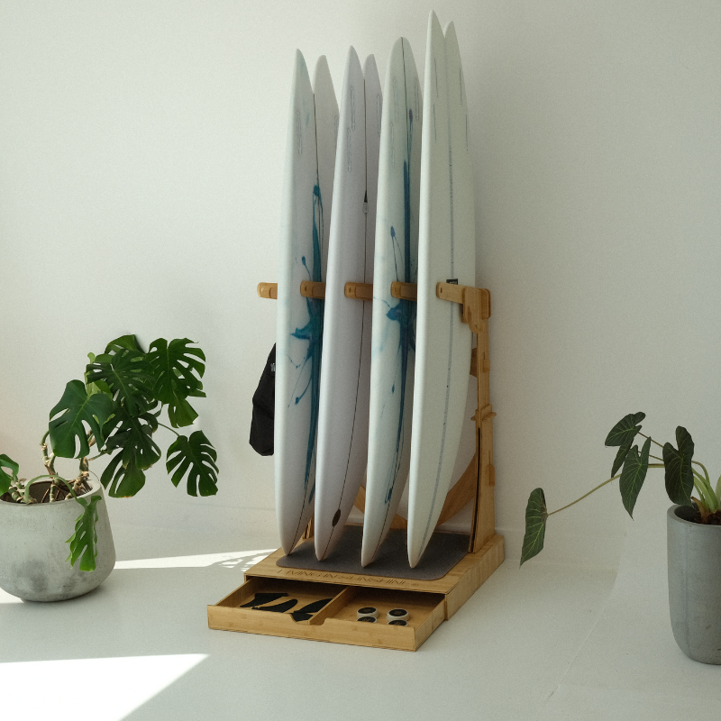 The Spirit Rack - Freestanding 3 or 4 Surfboard Wooden Rack with Drawer