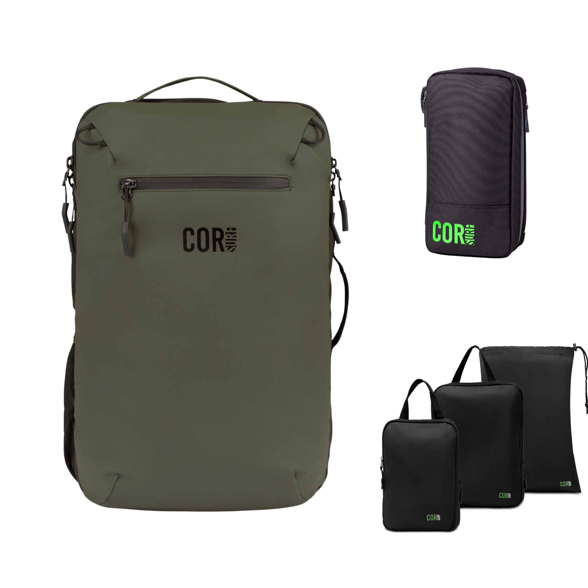 Carry On Travel Bundle Toiletry Bag Compression Packing Cubes 28L Green 2Nd Generation