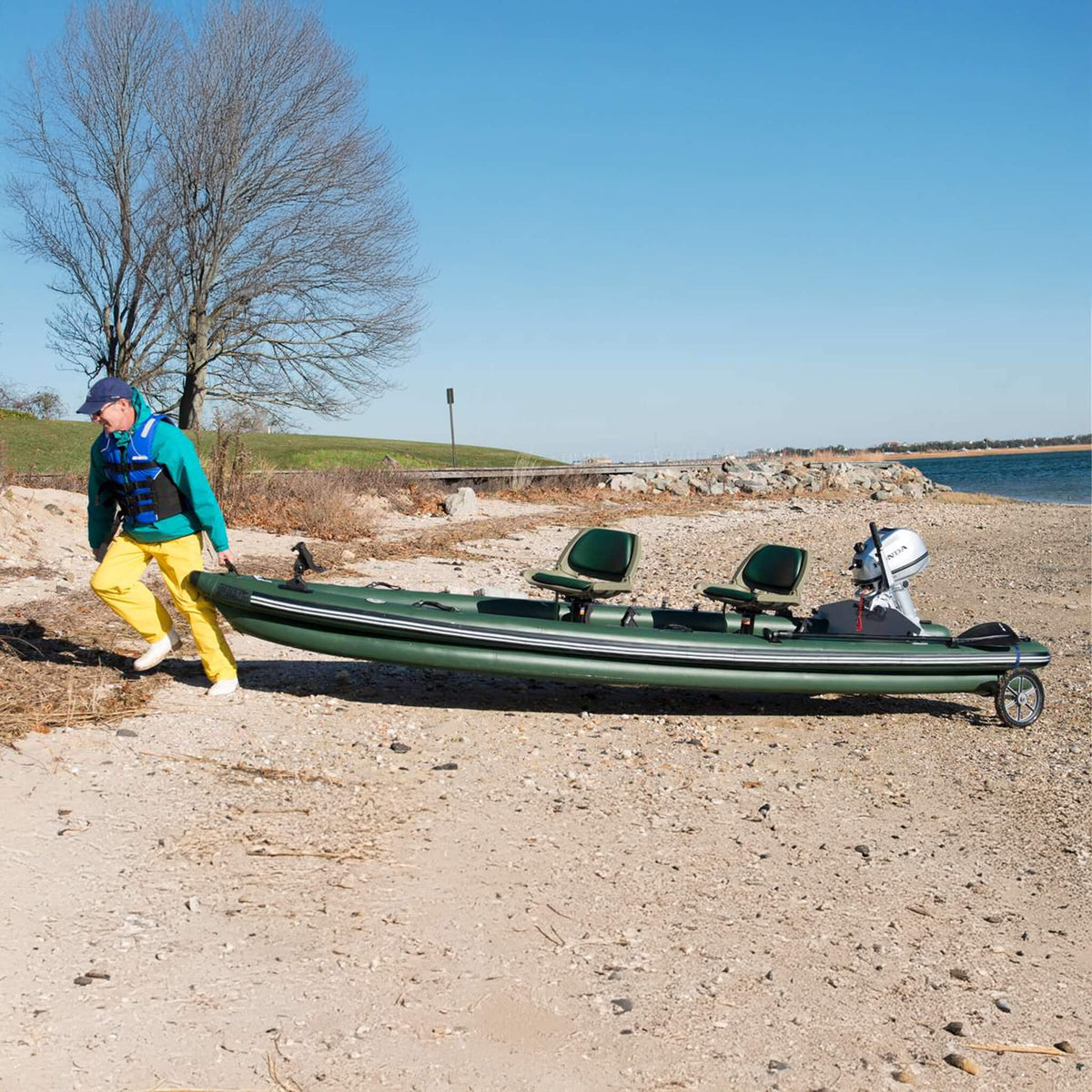 Sea Eagle Boats Fsk16K Fishskiff Inflatable Fishing Boat 16Ft Sak57351 Lifestyle With Man Hauling The Boat