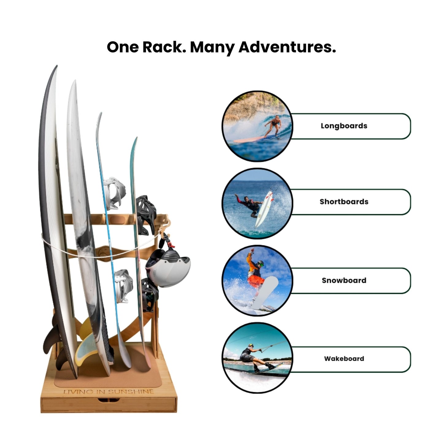 The Spirit Rack - Freestanding 3 or 4 Surfboard Wooden Rack with Drawer