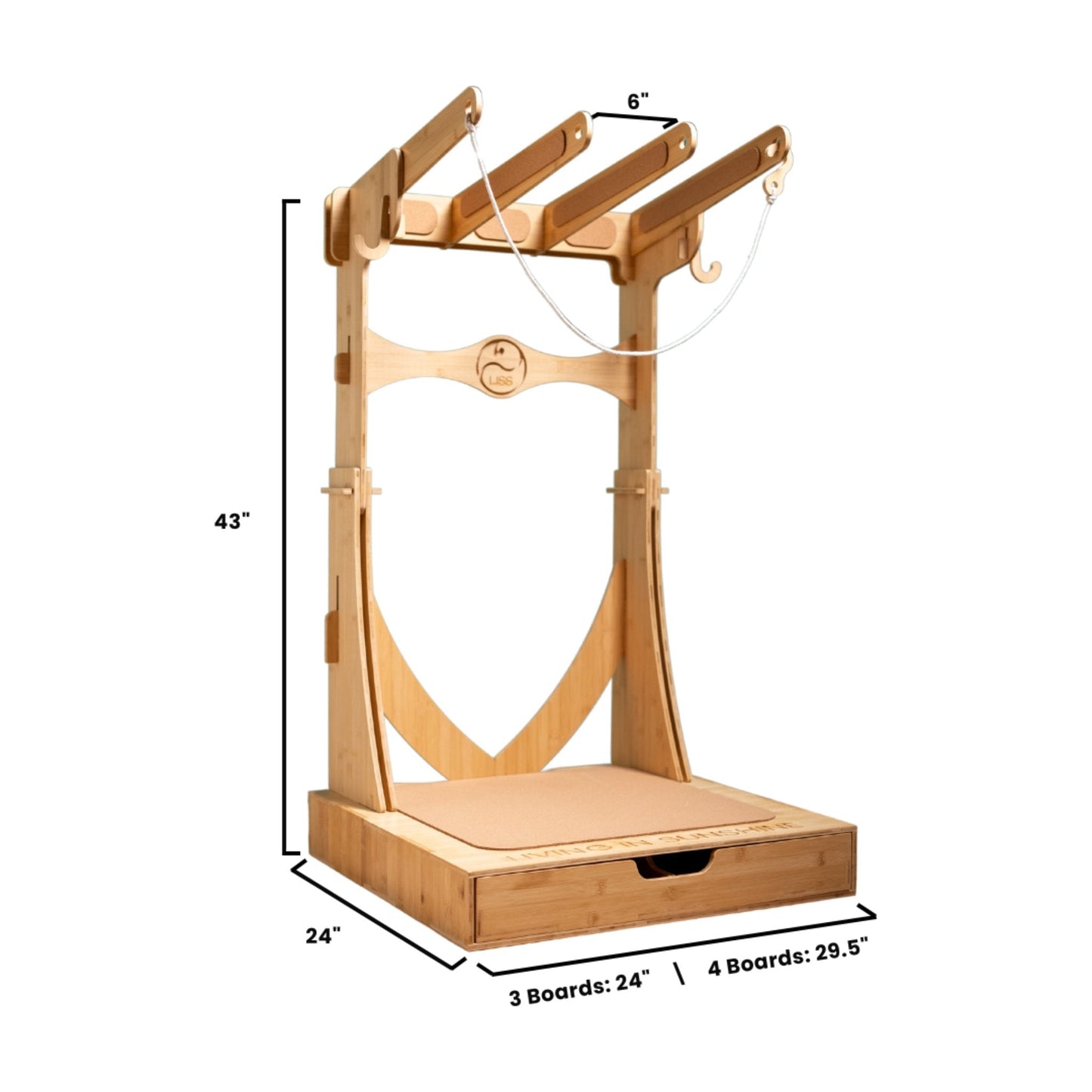 The Spirit Rack - Freestanding 3 or 4 Surfboard Wooden Rack with Drawer