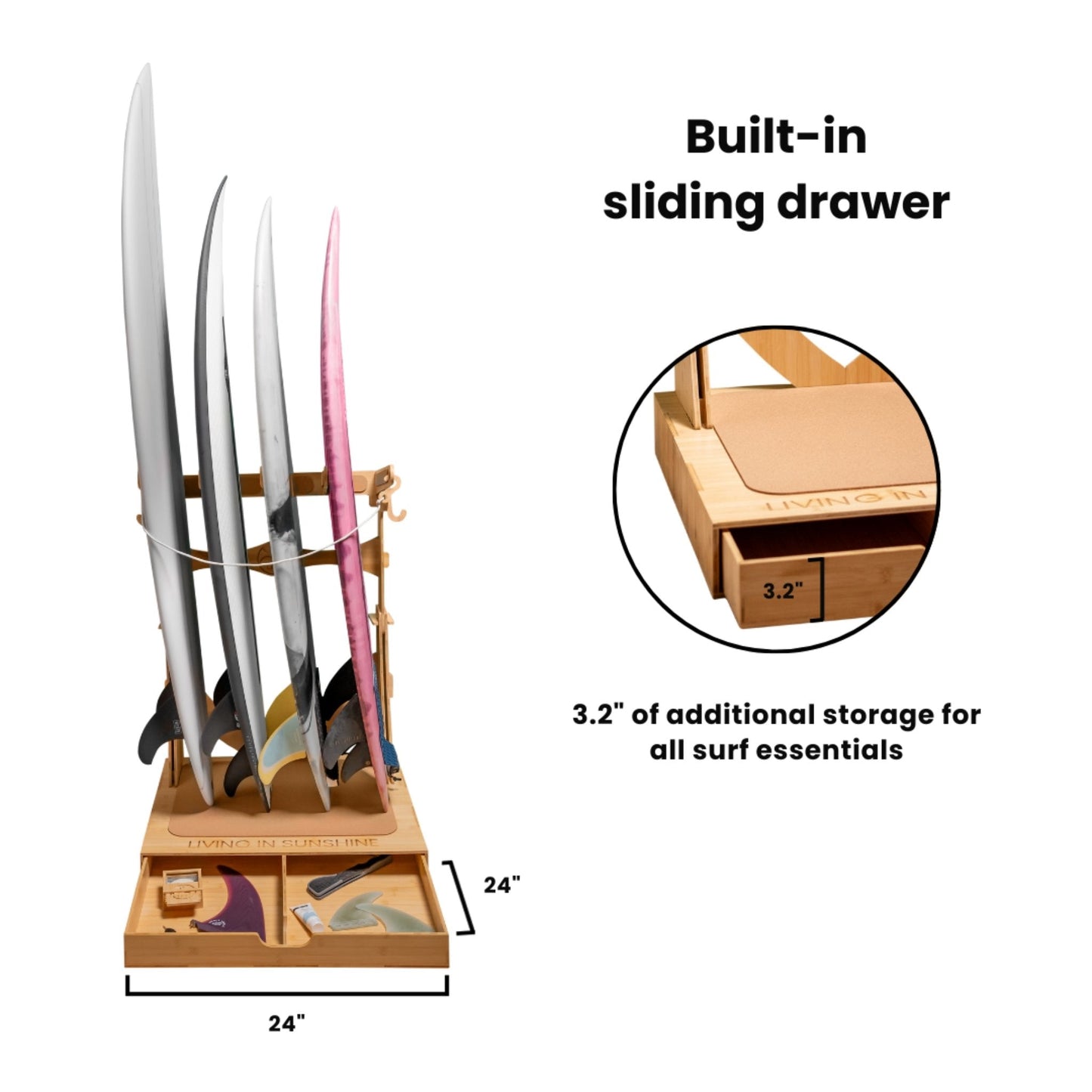 The Spirit Rack - Freestanding 3 or 4 Surfboard Wooden Rack with Drawer