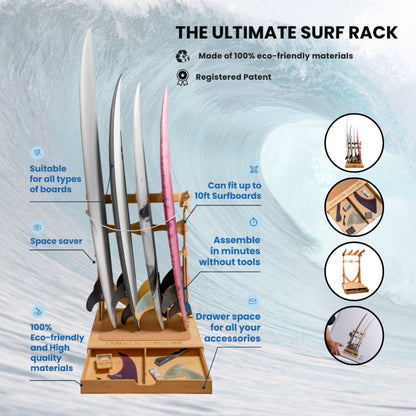 The Spirit Rack - Freestanding 3 or 4 Surfboard Wooden Rack with Drawer