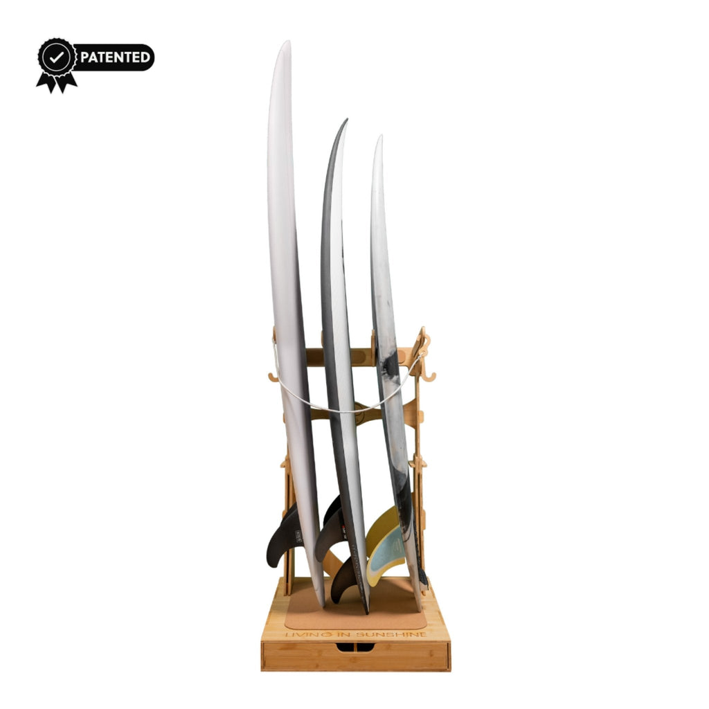 The Spirit Rack - Freestanding 3 or 4 Surfboard Wooden Rack with Drawer