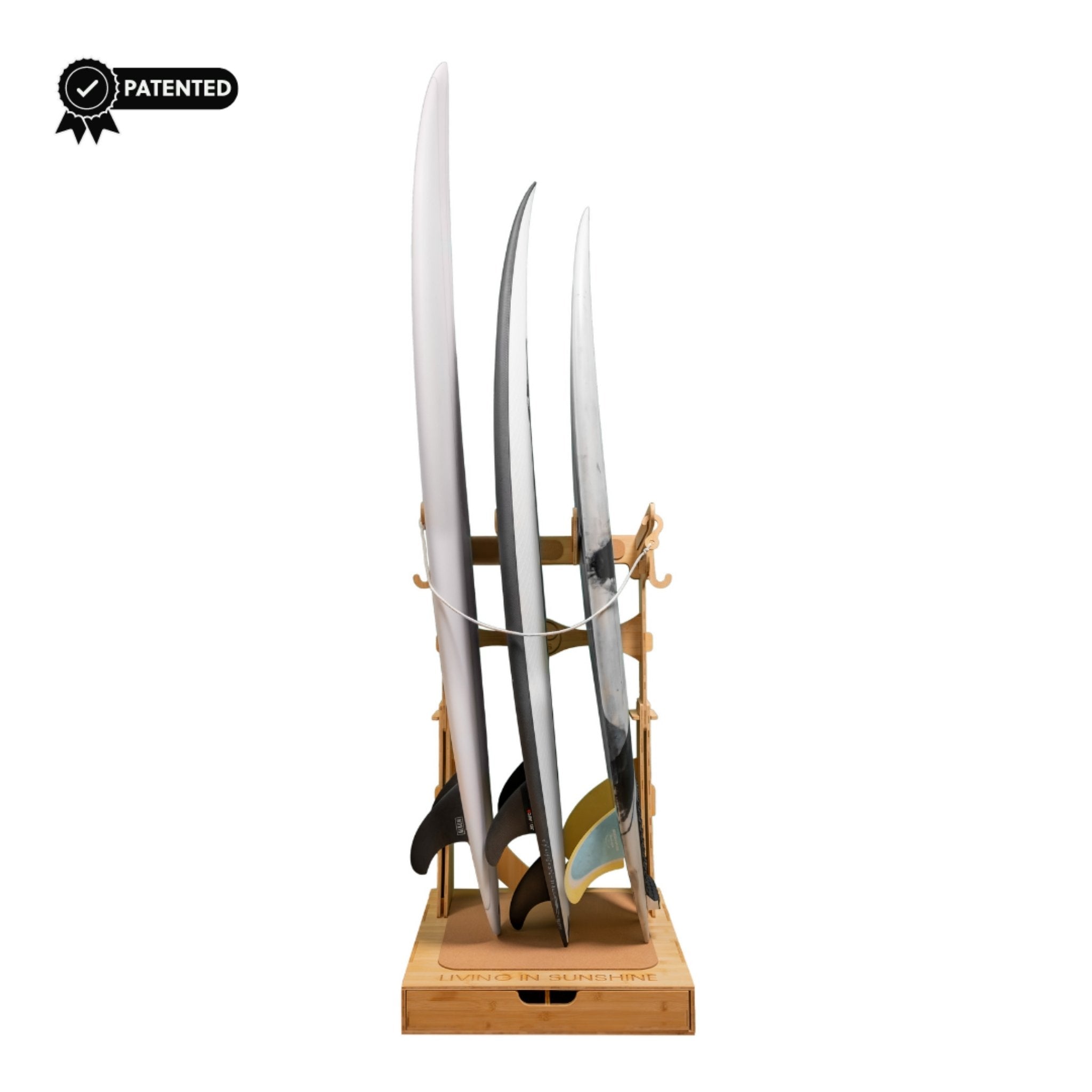 The Spirit Rack - Freestanding 3 or 4 Surfboard Wooden Rack with Drawer
