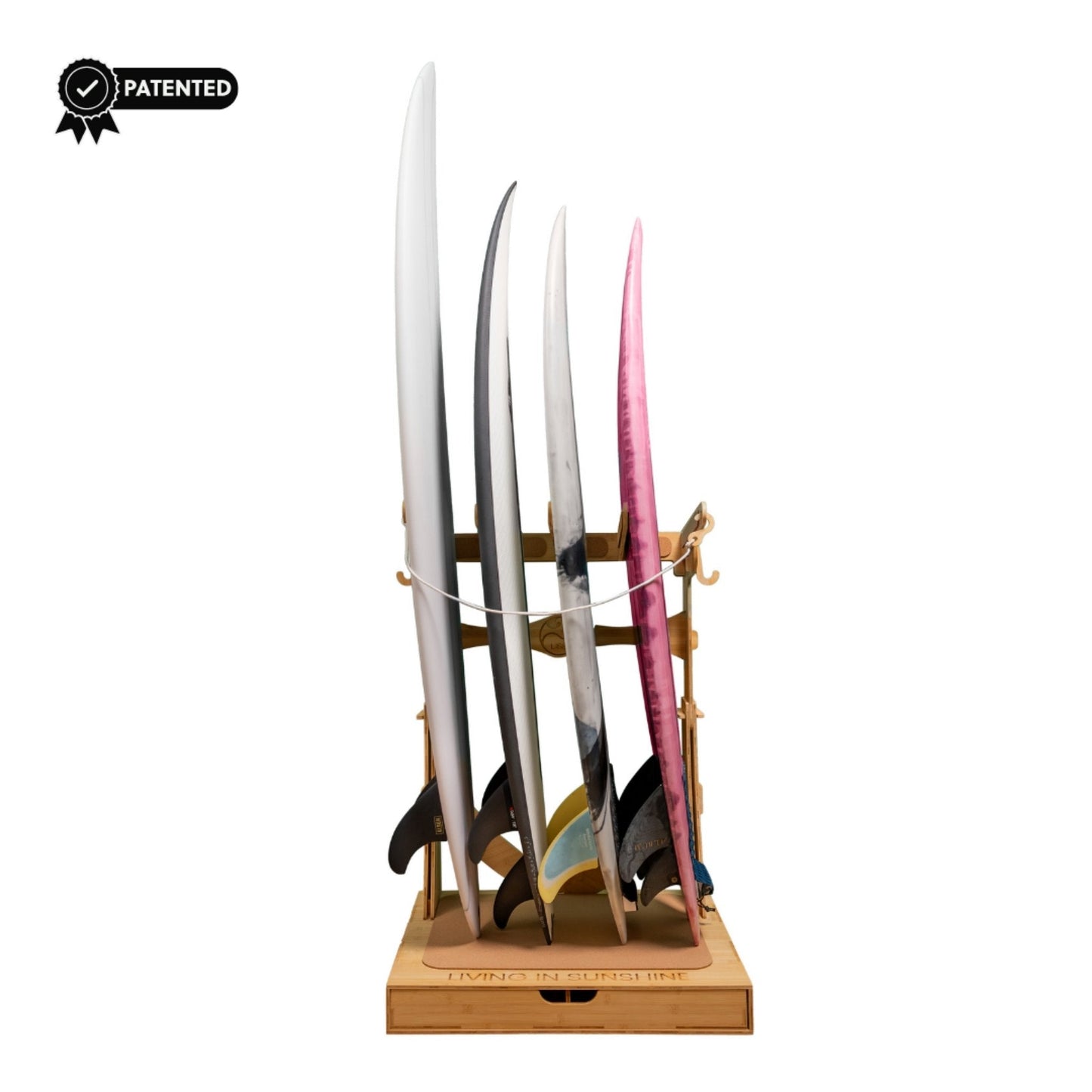 The Spirit Rack - Freestanding 3 or 4 Surfboard Wooden Rack with Drawer